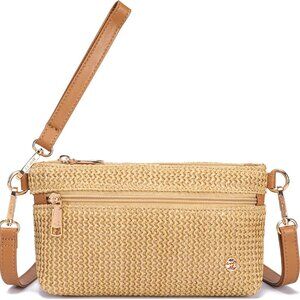 Khaki Straw Crossbody Bag with RFID, 3-in-1 Convertible Summer Purse